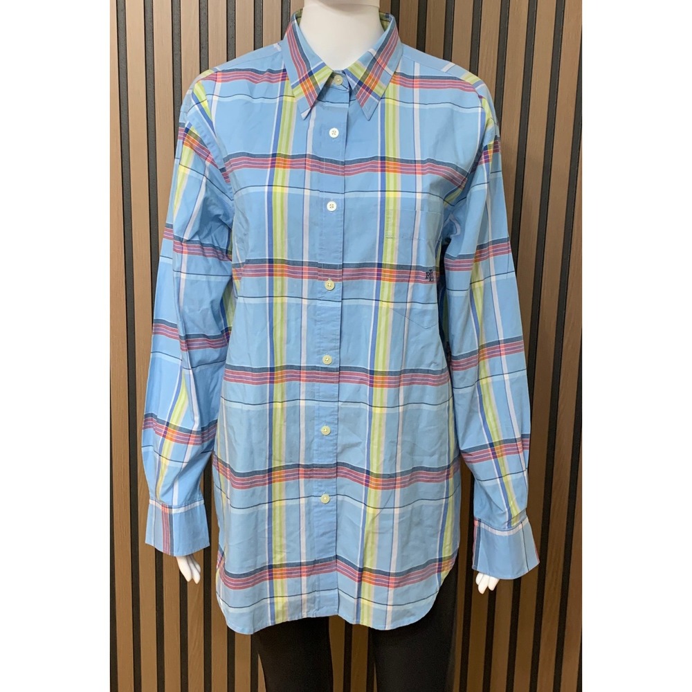 Lauren Ralph Lauren Women's 14 Blue Plaid Button Down Cotton Shirt LRL Monogram